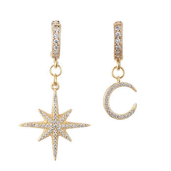 Star and Moon Asymmetrical Dangle Hoop Earrings, with Brass Cubic Zirconia Charms & Earring Hoops and Jewelry Box, Real 18K Gold Plated, 30mm and 40mm, Pin: 0.8mm, 2pcs/set