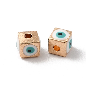 Alloy Enamel Beads, Light Gold, Cube with Evil Eye, White, 5.5x6x6mm, Hole: 1.8mm