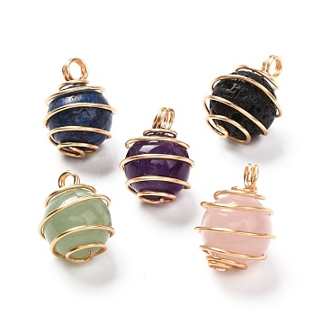 Natural Mixed Gemstone Pendants, with Real 18K Gold Plated Eco-Friendly Copper Wire, Round, 18x12~13mm, Hole: 2.5~3mm