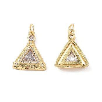 Brass Micro Pave Clear Cubic Zirconia Pendants, with Glass and Jump Ring, Triangle Charm, Real 18K Gold Plated, 19x15x4mm, Hole: 3.4mm