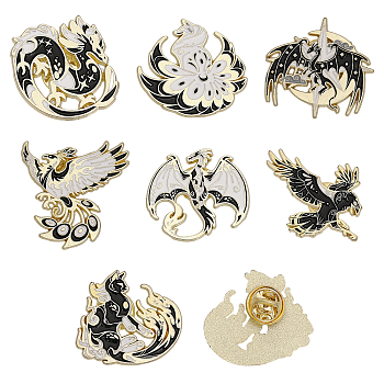 7Pcs 7 Style Dragon & Cat & Bird & Fox Enamel Pin, Light Gold Alloy Animal Badges for Clothes Backpack, Black, 26.5~30.5x27~32x1.5mm, 1Pc/style