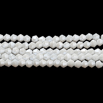 Opaque Solid Color Electroplate Glass Beads Strands, Pearl Luster Plated, Faceted, Bicone, White, 4x4mm, Hole: 0.8mm, about 87~98pcs/strand, 12.76~14.61 inch(32.4~37.1cm)