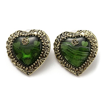 Glass Heart with Rose Stud Earrings, Antique Golden Alloy Earrings with 925 Sterling Silver Pins, Green, 32x31.5mm