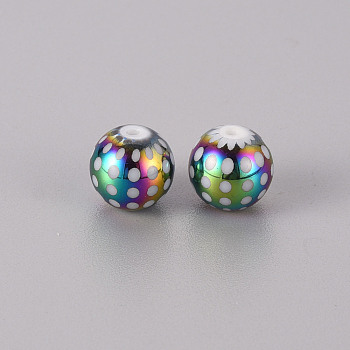 Electroplate Glass Beads, Round with Dots Pattern, Multi-color Plated, 10mm, Hole: 1.2mm