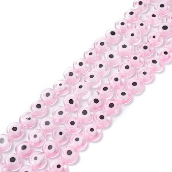 Handmade Evil Eye Lampwork Flat Round Bead Strands, Pink, 8x3.2mm, Hole: 1mm, about 49pcs/strand, 14.56 inch