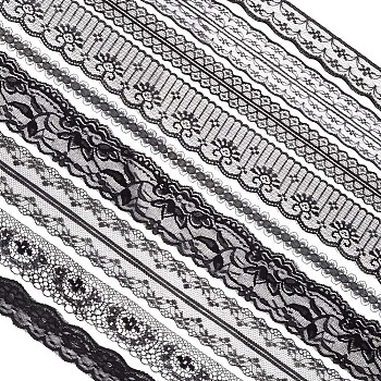 9 Styles Polyester Lace Trim, Flower Pattern, Black, 1/2~2 inch(14~52mm)