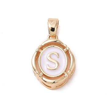 304 Stainless Steel Enamel Pendants, Oval with Letter, Golden, White, Letter.S, 15.5x11.5x4mm, Hole: 4.5x2.5mm
