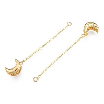 Brass Beads, with Chain and Jump Rings, Nickel Free, Moon, Real 18K Gold Plated, 62.5mm