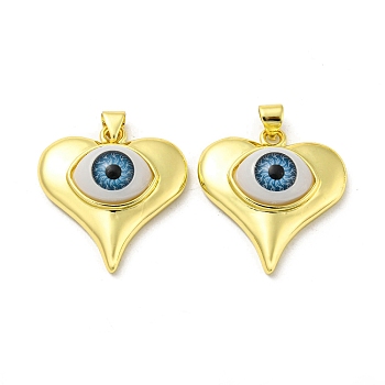 Real 18K Gold Plated Brass Pendants, with Acrylic, Heart with Evil Eye Charms, Sky Blue, 26.5x25x8mm, Hole: 5x3.5mm