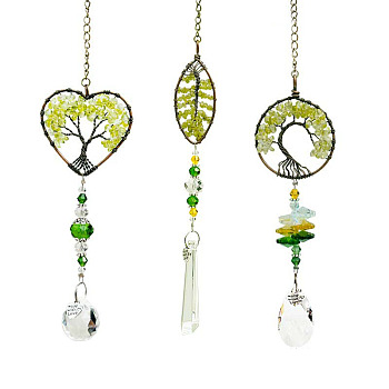 Glass Teardrop/Cone Pendant Decorations, Natural Peridot Chips Flat Round/Leaf/Heart with Tree of Life Hanging Suncatchers, with Metal Findings, for Home, Car Interior Ornaments, 350~400mm, 3pcs/set
