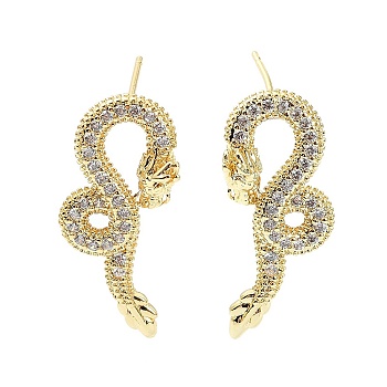 Rack Plating Brass Micro Pave Cubic Zirconia Stud Earring, Cadmium Free & Lead Free, Long-Lasting Plated, Dragon, Real 18K Gold Plated, 27x12.5mm