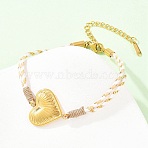 304 Stainless Steel Link Bracelets, Cotton Rope Braided Bracelets for Women, Real 18K Gold Plated, White, 7.09 inch(18cm), Heart: 21x19.5x4mm(BJEW-K303-02A)