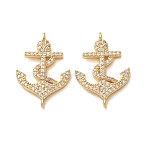 Brass Micro Pave Clear Cubic Zirconia Connector Charms, Anchor Links, Rack Plating, Long-Lasting Plated, Cadmium Free & Lead Free, Real 18K Gold Plated, 25x17x3mm, Hole: 1.2mm(CU-CBA4579-17G)
