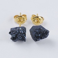 Brass Ear Stud Components, with Natural Druzy Agate, Nuggets, Hematite Plated, 6~9x5~8.5x3~7mm, Pin: 0.7mm(EJEW-E222-C-06G)