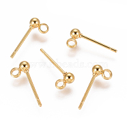 304 Stainless Steel Ear Stud Components, with Loop, Ball, Real 18k Gold Plated, 14x3mm, Hole: 1.6~1.8mm, Pin: 0.7mm(STAS-F227-18A-G)
