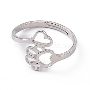 201 Stainless Steel Heart & Dog Paw Prints Adjustable Ring for Women, Stainless Steel Color, US Size 6 1/4(16.7mm)(RJEW-K238-09P)