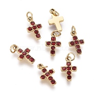 316 Surgical Stainless Steel Tiny Cross Charms, with Rhinestone and Jump Rings, Golden, Siam, 8.5x5x1.5mm, Hole: 1.6mm(STAS-F256-023C-G)