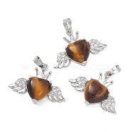 Natural Tiger Eye Pendants, Heart Charms with Wings & Crown, with Platinum Tone Brass Crystal Rhinestone Findings, 26x35.5x8mm, Hole: 8x5mm(G-P492-02P-12)