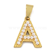 Ion Plating(IP) 304 Stainless Steel Pendants, with ABS Imitation Pearl, Letter A, 17x14.5x3mm, Hole: 6x3mm(STAS-U024-01A)