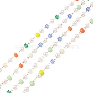 Faceted Cube Glass & ABS Plastic Imitation Pearl Beaded Chains, with Light Gold 304 Stainless Steel Findings, Soldered, Colorful, 4x2.5mm, 4x2.5x2.5mm(CHS-G026-02KCG-03)