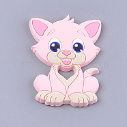 Food Grade Eco-Friendly Silicone Kitten Cabochons, Chewing Beads For Teethers, DIY Nursing Necklaces Making, Cartoon Cat, Pink, 90~91x64x9.5mm(SIL-T052-08B)