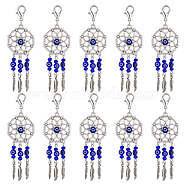 24Pcs Woven Net/Web with Feather Tibetan Style Alloy Pendant Decorations, with Handmade Evil Eye Lampwork Bead & Alloy Lobster Claw Clasps, Clip-on Charms, Blue, 90mm(HJEW-NB0001-94)