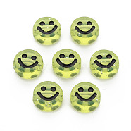 Transparent Acrylic Beads, with Glitter Powder, Flat Round with Black Enamel Smile Face, Yellow, 10x5mm, Hole: 2mm, about 1450pcs/500g(MACR-N008-55-A03)
