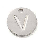 Non-Tarnish 304 Stainless Steel Pendants, Laser Cut, Flat Round with Letter Charm, Stainless Steel Color, Letter V, 10x1mm, Hole: 1.4mm(FIND-M017-02P-V)