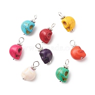 Synthetic Turquoise Pendants, with Silver Tone Brass Findings, Halloween Skull Charm, Dyed, Mixed Color, 17x8x9mm, Hole: 2.6mm(PALLOY-JF01841)