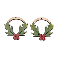 Printed Poplar Wood Pendants, Christmas Series, Christmas Wreath, 44.5x43x2mm, Hole: 1.6mm(FIND-N005-74R)