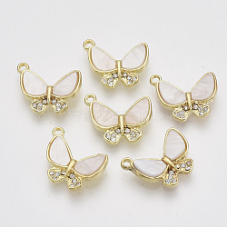 Alloy Pendants, with Plastic and Crystal Rhinestone, Butterfly, Golden, Lavender Blush, 14.5x17x3.5~4.5mm, Hole: 1.4mm(ALRI-N032-01)