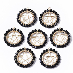 Glass Pendants, Wire Wrapped Pendants, with Real 18K Gold Plated Brass Wires and Linking Rings, Nickel Free, Star, Black, 26.5x24x3mm, Hole: 2.5mm(KK-S354-004B-NF)