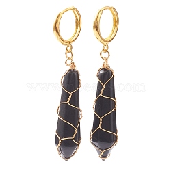 Brass Huggie Hoop Earrings, with Natural Obsidian Wire Wrapped Bullet Pendants, Golden, 50mm, Pin: 1mm(EJEW-JE04462-04)