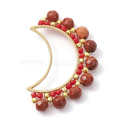 201 Stainless Steel Linking Rings, with Natural Red Jasper & Seed Beads, Crescent Moon Connector, 36.5~37x23~24.5x4.5mm, Inner Diameter: 24x7mm(PALLOY-JF02452-01)