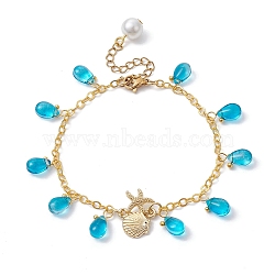 Alloy Starfish Scallop Shell Shape with Glass Teardrop Charm Bracelets, with Brass Chains, for Women, Golden, 7-1/4 inch(18.5cm)(BJEW-JB09983-01)