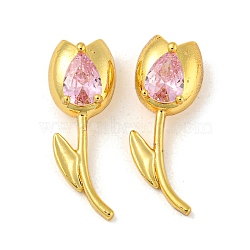Real 18K Gold Plated Rack Plating Brass Micro Pave Cubic Zirconia Pendants, Long-Lasting Plated, Lead Free & Cadmium Free, Flower, Pink, 24x8.5x8mm, Hole: 4mm(KK-R153-13A-G)