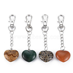 Natural Mixed Gemstone Keychain, with Brass Lobster Claw Clasps and Iron Chains, Heart, Platinum, 80~86mm(G-S299-133)
