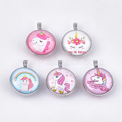 Glass Pendants, with Alloy Findings, Flat Round with Unicorn, Platinum, Mixed Color, 35x27x14mm, Hole: 3x5.5mm(GLAA-S184-11)