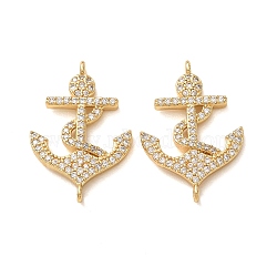 Brass Micro Pave Clear Cubic Zirconia Connector Charms, Anchor Links, Rack Plating, Long-Lasting Plated, Cadmium Free & Lead Free, Real 18K Gold Plated, 25x17x3mm, Hole: 1.2mm(CU-CBA4579-17G)