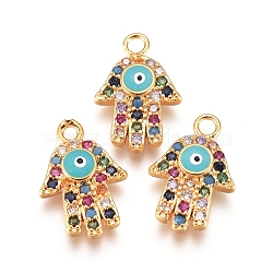 Brass Micro Pave Cubic Zirconia Charms, with Enamel, Hamsa Hand/Hand of Fatima/Hand of Miriam with Evil Eye, Colorful, Golden, 14x10x2mm, Hole: 1mm(X-KK-G391-09G)