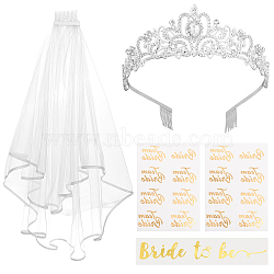 Bride to Be Veil & Alloy Bride Crown Hair Band & Glitter Bachelorette Sash & Sticker Set, for Bride Bachelorette Party Favors , Silver, 136x160x45mm(OHAR-WH0029-10)