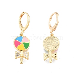Clear Cubic Zirconia Candy Dangle Leverback Earrings with Colorful Enamel, Brass Enamel Jewelry for Women, Cadmium Free & Nickel Free & Lead Free, Real 18K Gold Plated, 33mm, Pin: 1mm(EJEW-N012-81)