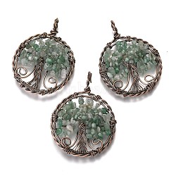 Natural Green Aventurine Pendants, with Red Copper Plated Brass Findings, Flat Round with Tree of Life, 64~67.5x50~51x6~7.5mm, Hole: 8x5~6.5mm(G-B001-01R-B)