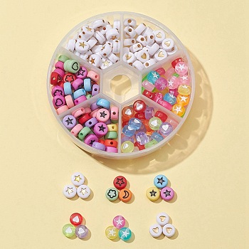 210Pcs 6 Style Opaque & Transparent & Plating Acrylic Beads, with Enamel, Flat Round with Mixed Pattern, Mixed Color, 6.5~7x3.5~4mm, Hole: 1.5~1.8mm, 35pcs/style