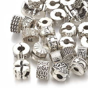 Alloy European Clasps, Large Hole Beads, Mixed Shapes, Antique Silver, 9~10x6~9mm, Hole: 3~3.5mm