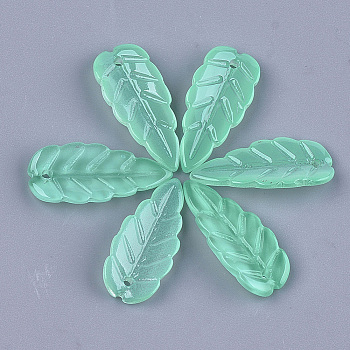 Transparent Spray Painted Glass Pendants, Leaf, Medium Aquamarine, 23x10x4~4.5mm, Hole: 1.2mm