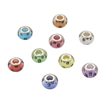 Large Hole Dog Paw Prints Pattern, Acrylic European Beads, with Silver Tone Brass Double Cores, Rondelle, Mixed Color, 14x9~10mm, Hole: 5mm
