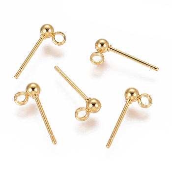 304 Stainless Steel Ear Stud Components, with Loop, Ball, Real 18k Gold Plated, 14x3mm, Hole: 1.6~1.8mm, Pin: 0.7mm