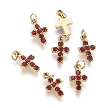 316 Surgical Stainless Steel Tiny Cross Charms, with Rhinestone and Jump Rings, Golden, Siam, 8.5x5x1.5mm, Hole: 1.6mm