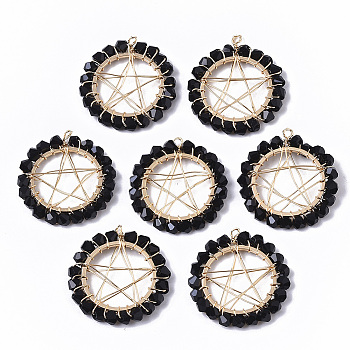 Glass Pendants, Wire Wrapped Pendants, with Real 18K Gold Plated Brass Wires and Linking Rings, Nickel Free, Star, Black, 26.5x24x3mm, Hole: 2.5mm